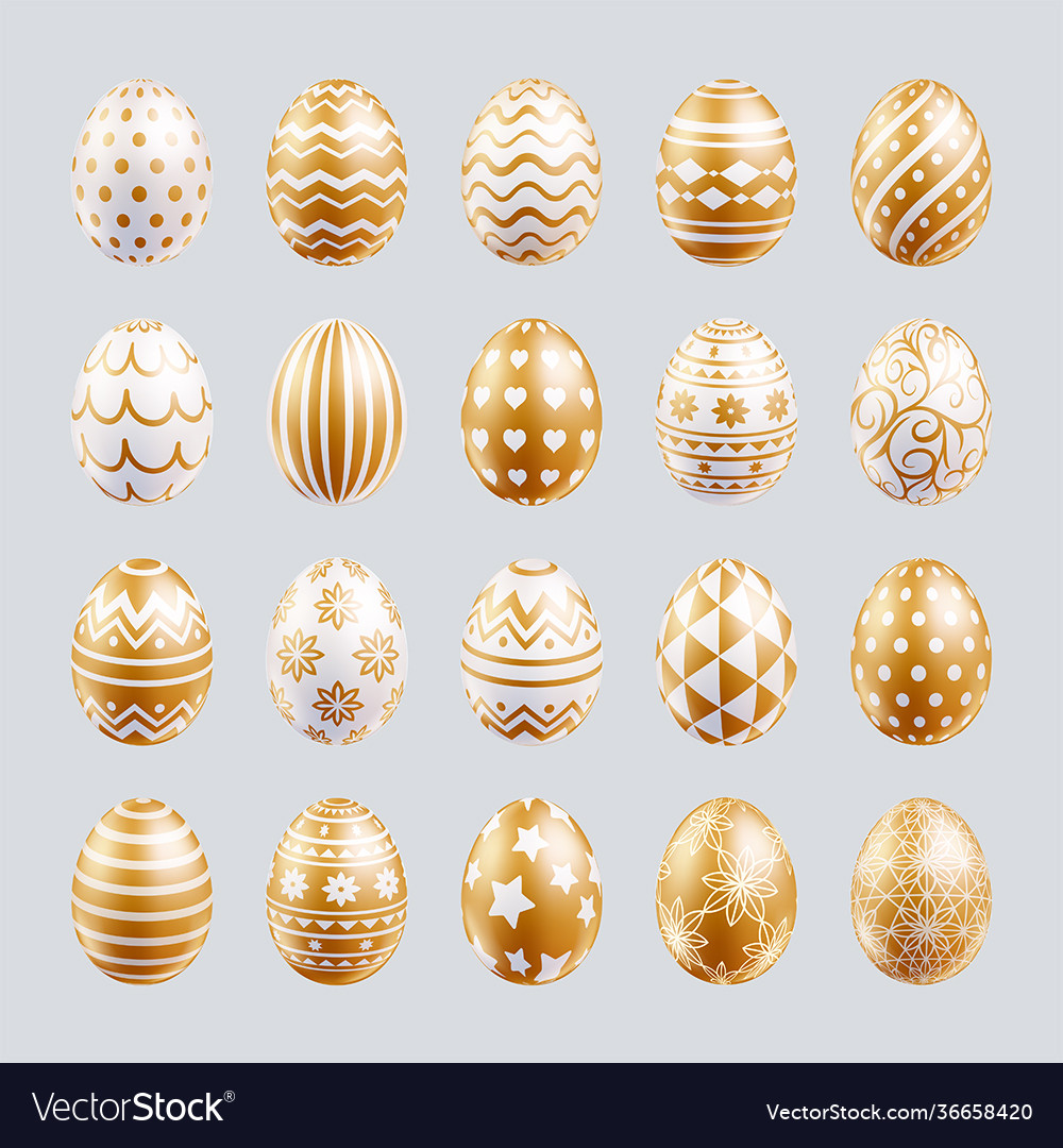 Easter eggs set gold color with patterns texture vector image Easter eggs set gold color with patterns texture