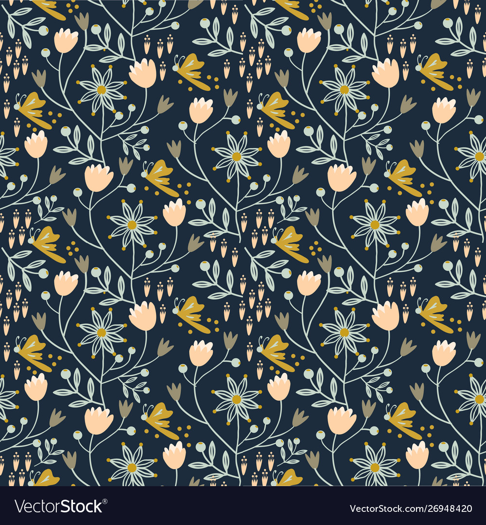 Floral seamless pattern on navy blue background