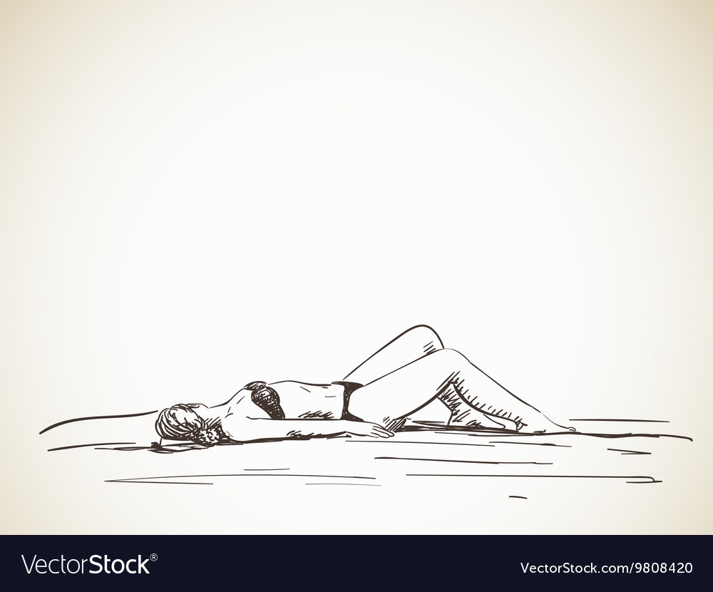 Sketch woman laying in bikini on beach hand drawn