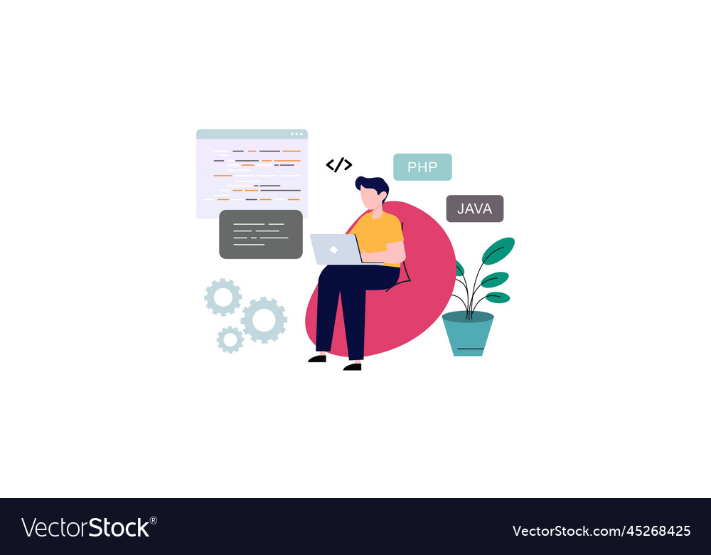 Man programmer is working on his laptop concept vector image Man programmer is working on his laptop concept