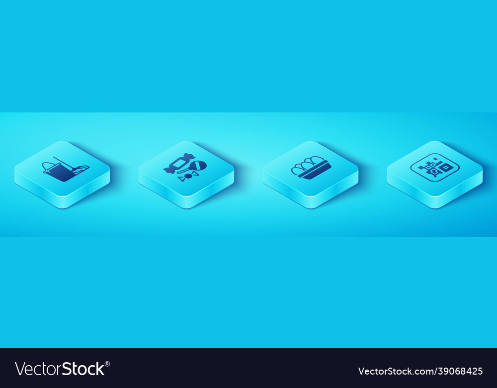 Set isometric mop and bucket candy qr code vector image Set isometric mop and bucket candy qr code