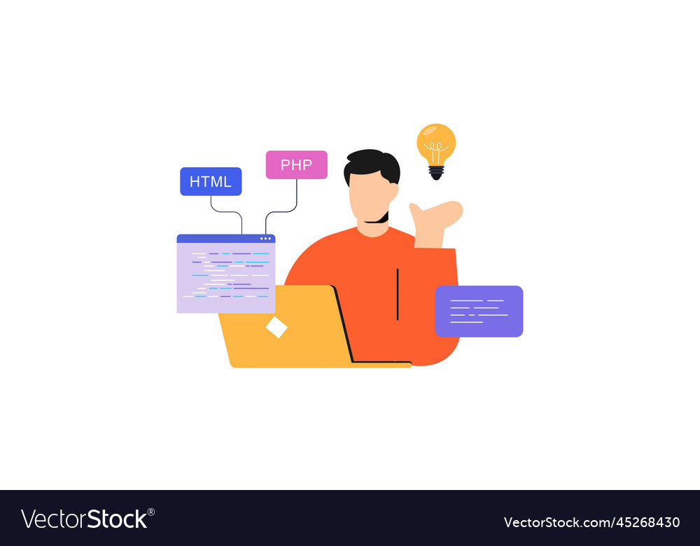 Man programmer is working on his laptop concept vector image Man programmer is working on his laptop concept
