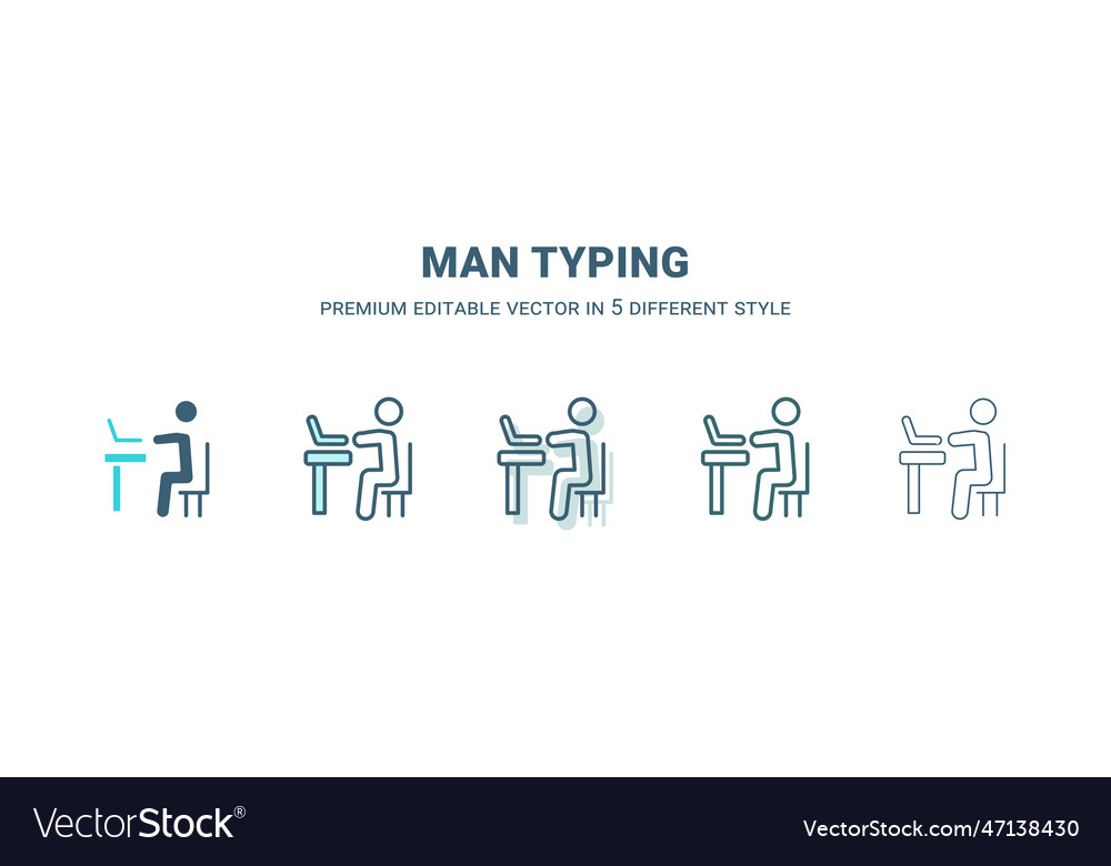 Man typing icon in 5 different style outline