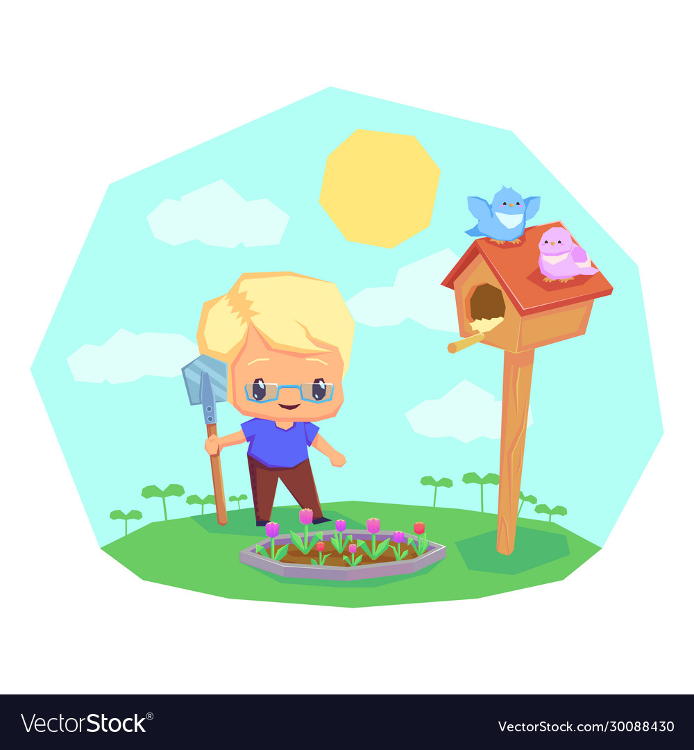 Spring gardening gardener child boy with shovel