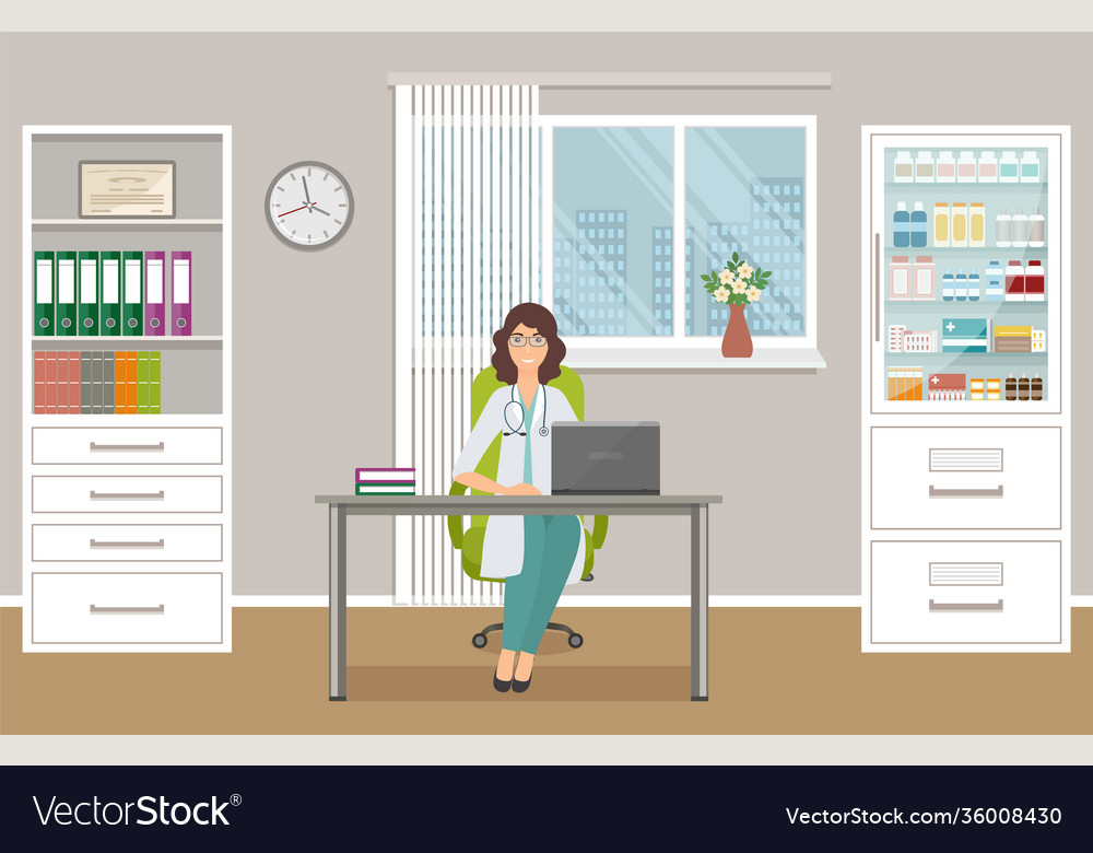 Woman doctor in uniform sitting at desk Royalty Free Vector