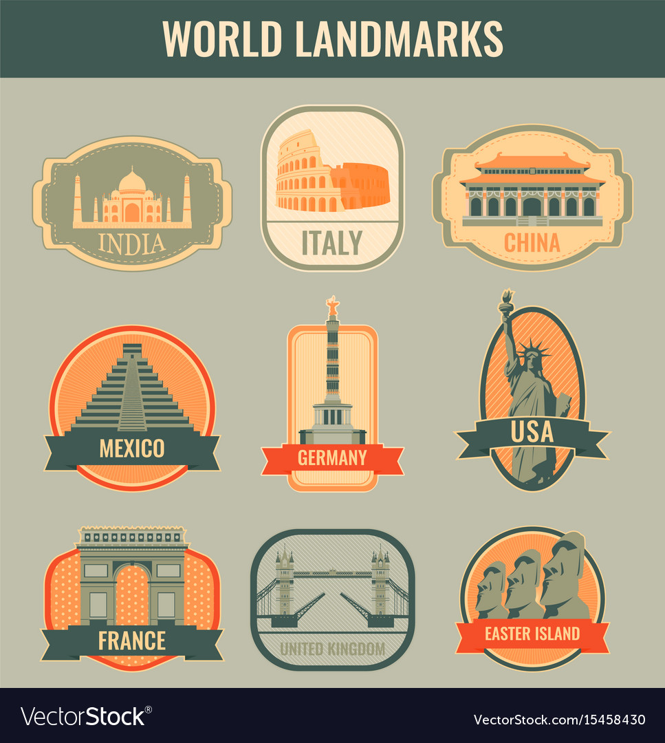 World landmarks flat icon set travel and tourism