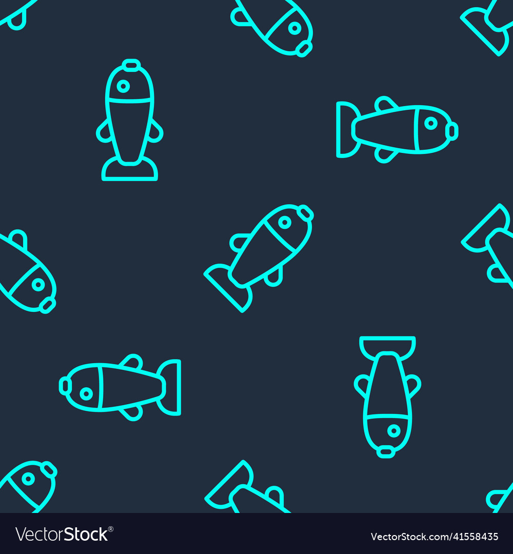 Green line fish icon isolated seamless pattern