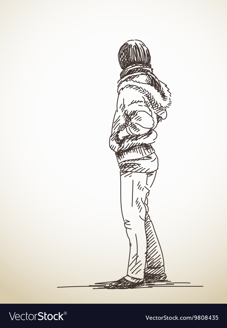 Sketch standing woman in jacket hand drawn