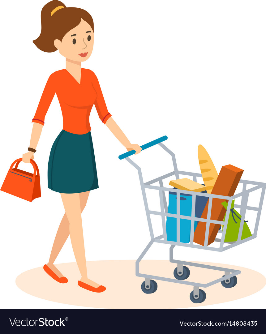 Woman shopping in store basket products