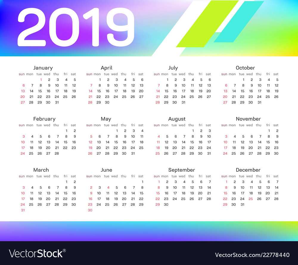 Calendar for 2019 with colored stripes Royalty Free Vector