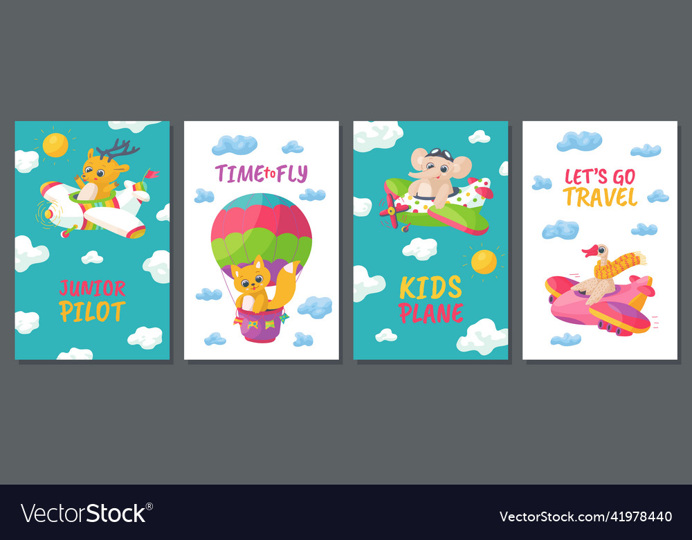 Cute cartoon animal travel on planes - set of flat