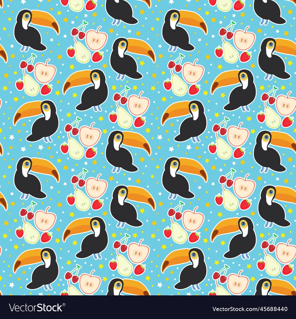 Seamless pattern toucan bird and the apple pear