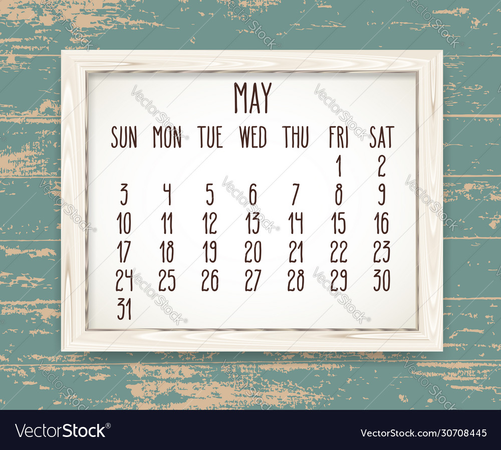 May year 2020 monthly calendar in a wooden frame