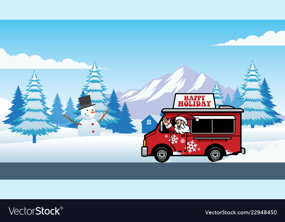 Christmas food truck with cheerful santa claus Vector Image