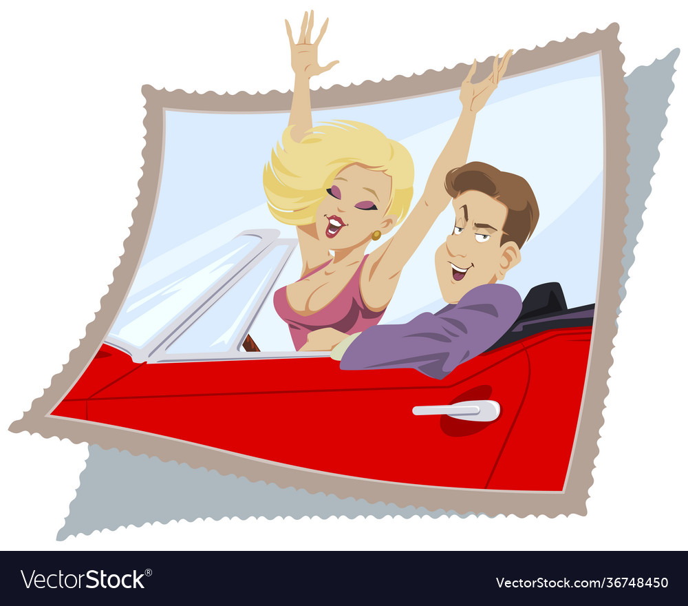 Happy young couple in cabriolet for internet