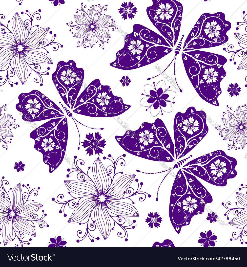 Seamless spring pattern with violet butterflies