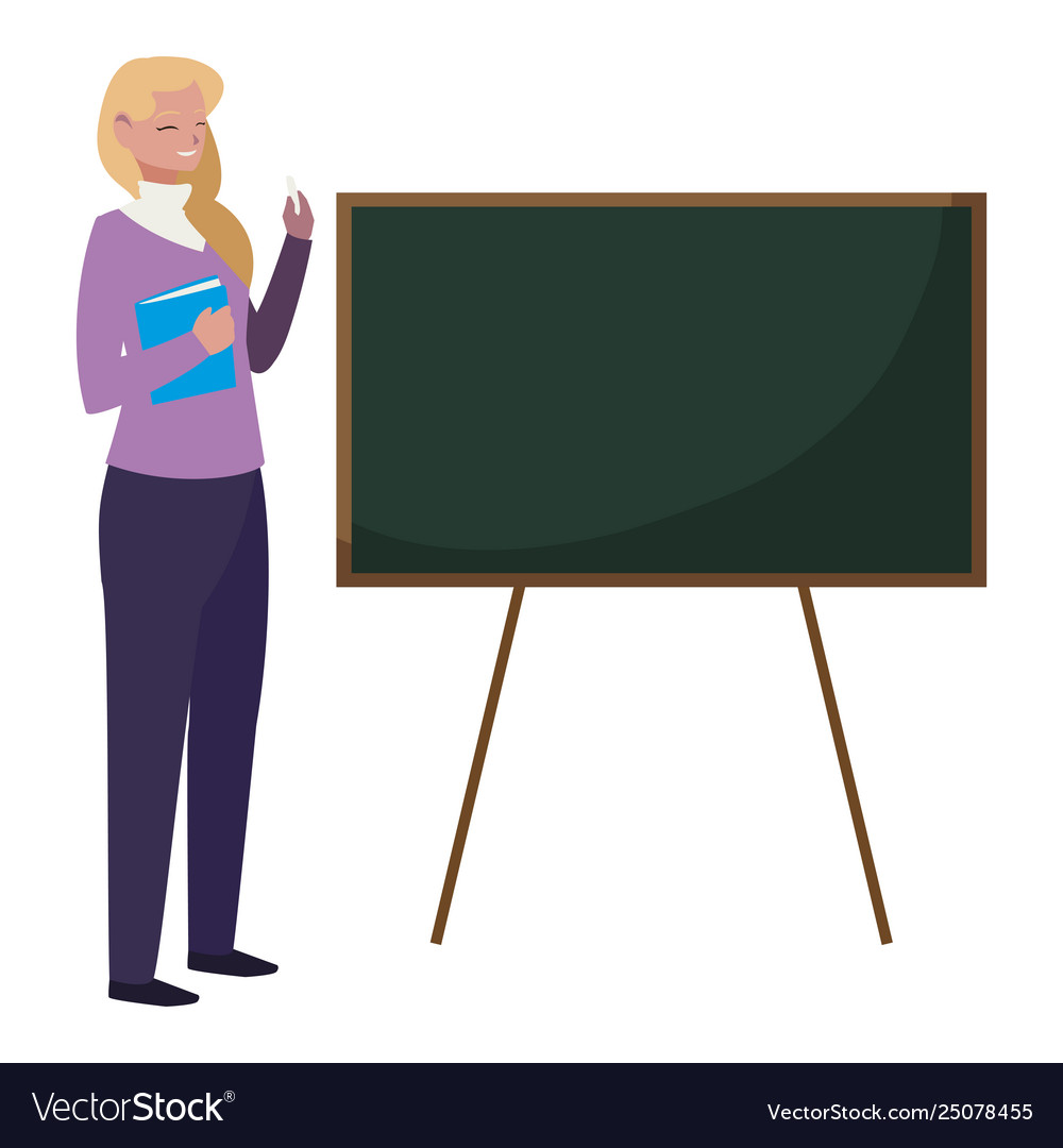 Female teacher with textbook and chalkboard