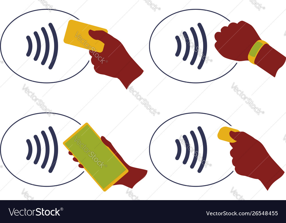 Nfc wireless payment method icon set with hands