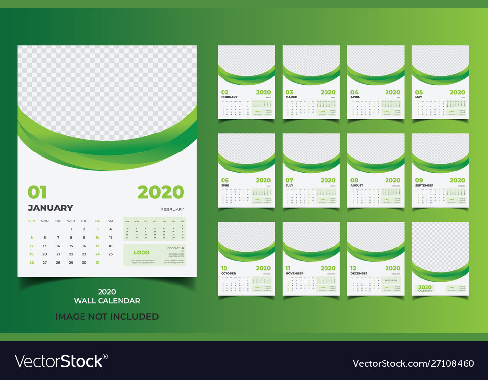 Green wall calendar 2020 template design
