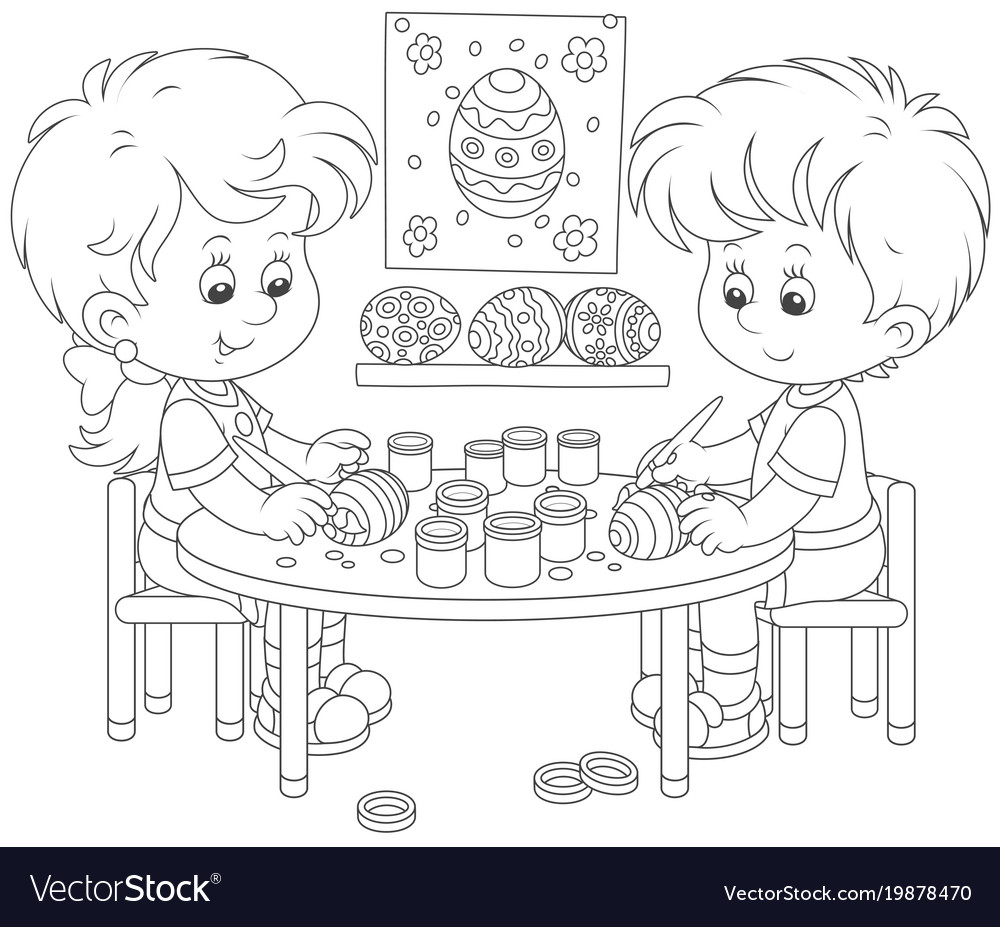 Children painting easter eggs Royalty Free Vector Image