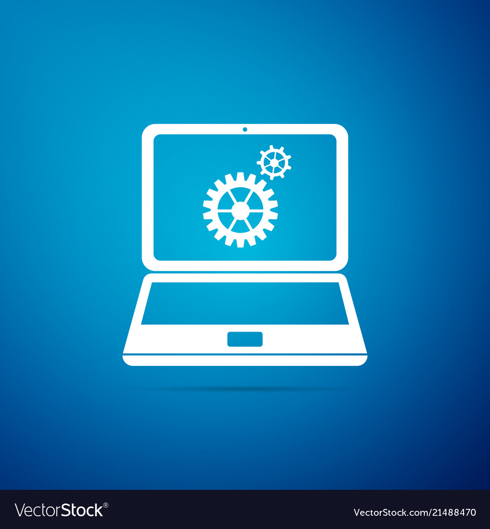 Laptop and gears icon isolated on blue background