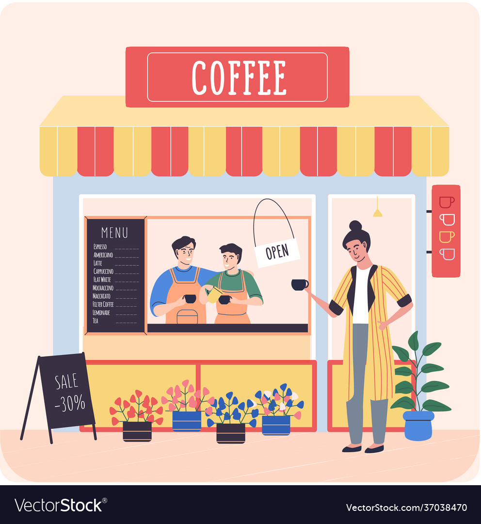 Small street cafe with striped awning male vector image Small street cafe with striped awning male