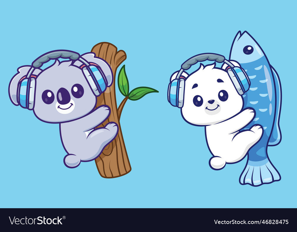 Cute polar bear catching fish cartoon icon