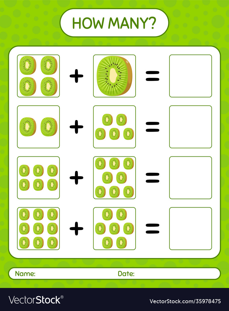 How many counting game with kiwi worksheet vector image How many counting game with kiwi worksheet