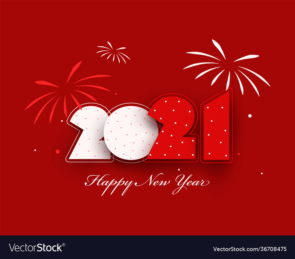 Paper cut 2021 number with fireworks on red