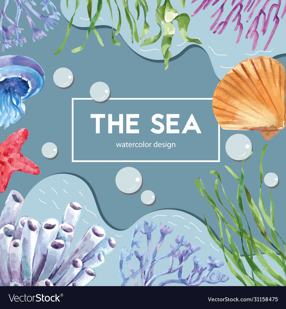 Sealife themed frame design with animal under Vector Image