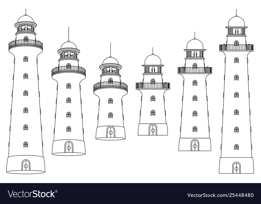 Black white outline lighthouse beacon set