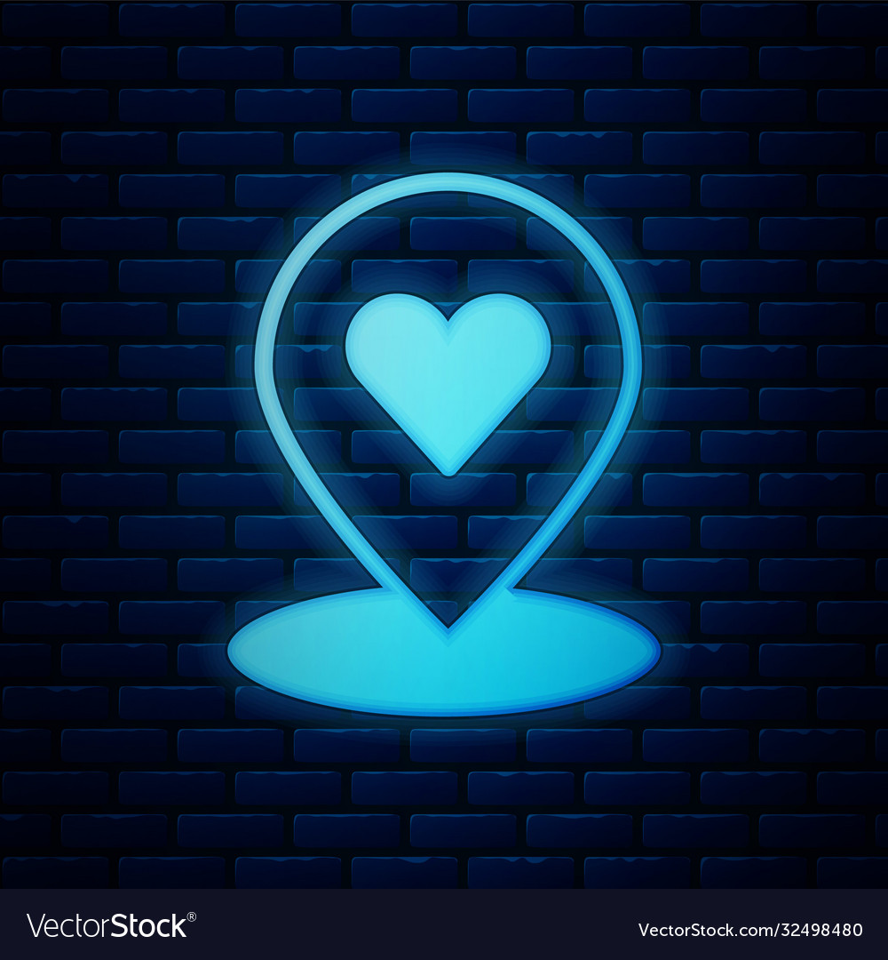 Glowing neon map pointer with heart icon isolated