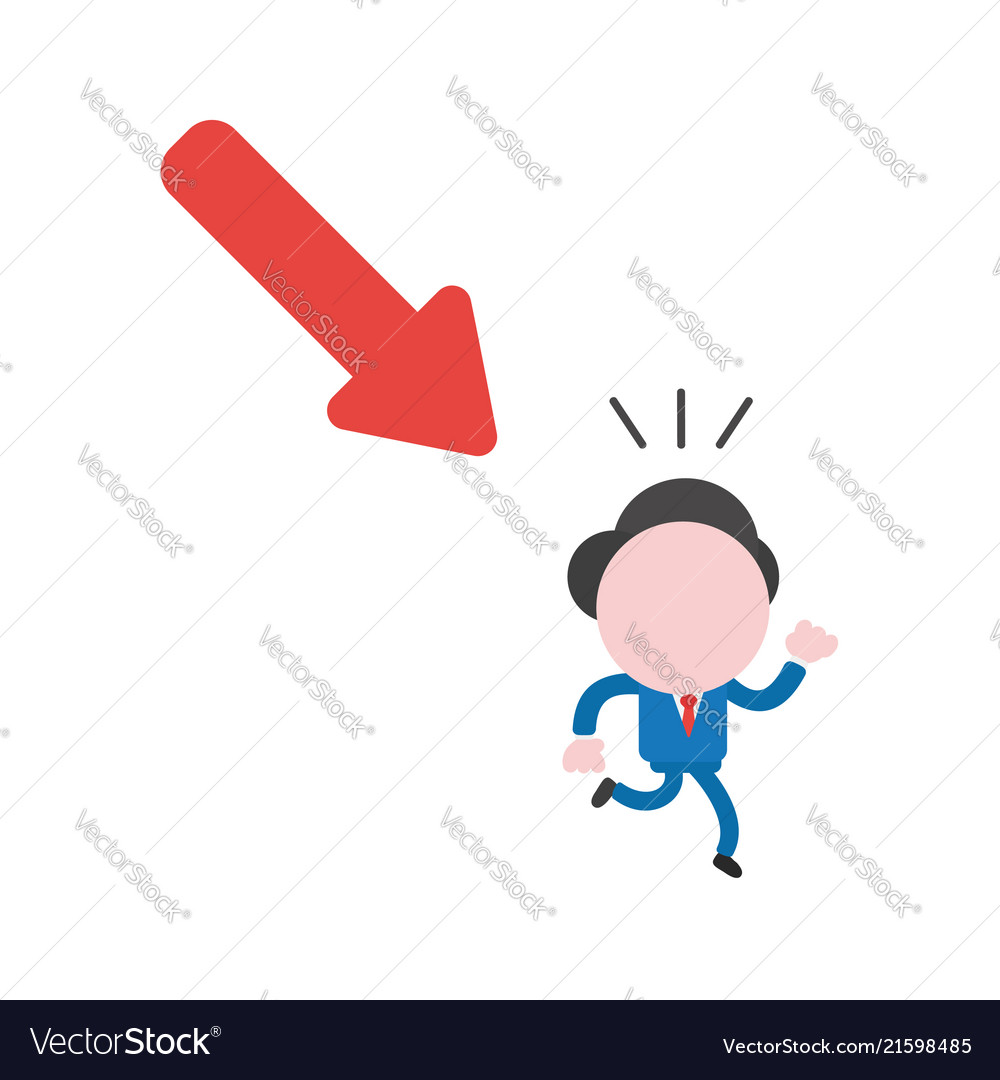 Businessman running away from arrow moving down