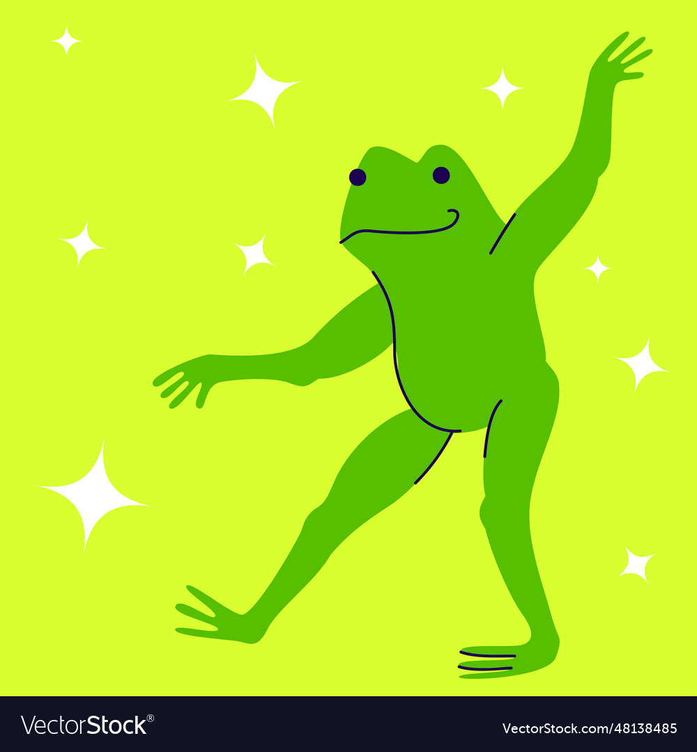 Groovy cute green frog dancing among the stars Vector Image