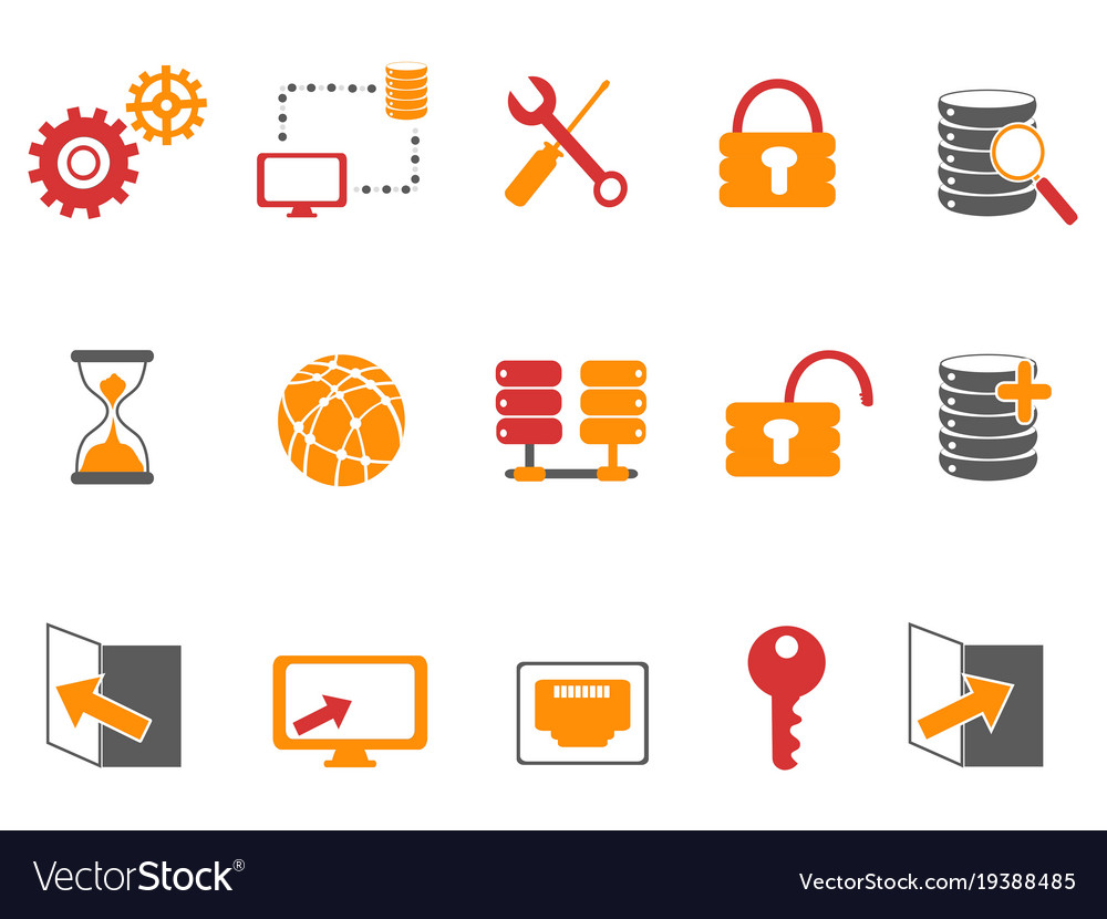 Orange and red color database technology icons set