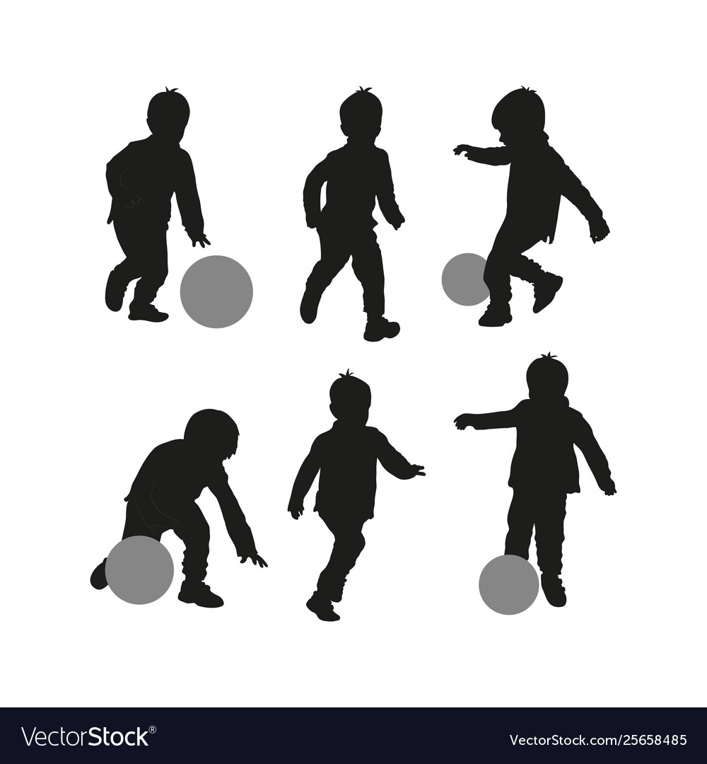 Set black silhouette child boy with ball vector image Set black silhouette child boy with ball