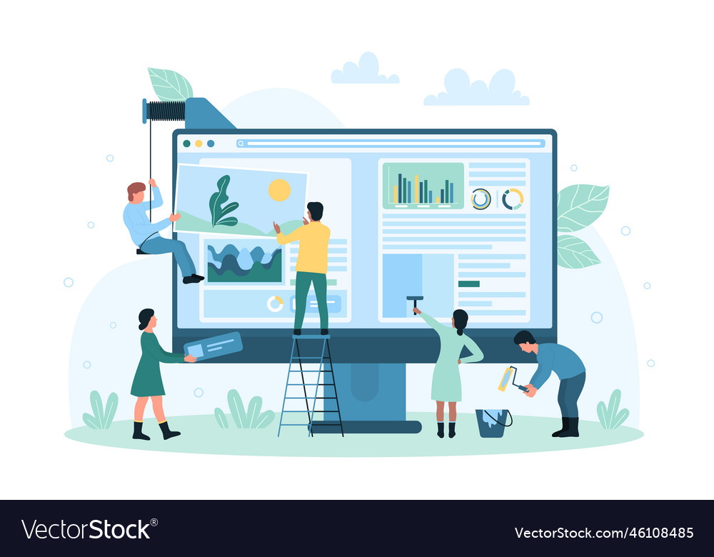 Web design tiny people create digital interface vector image Web design tiny people create digital interface
