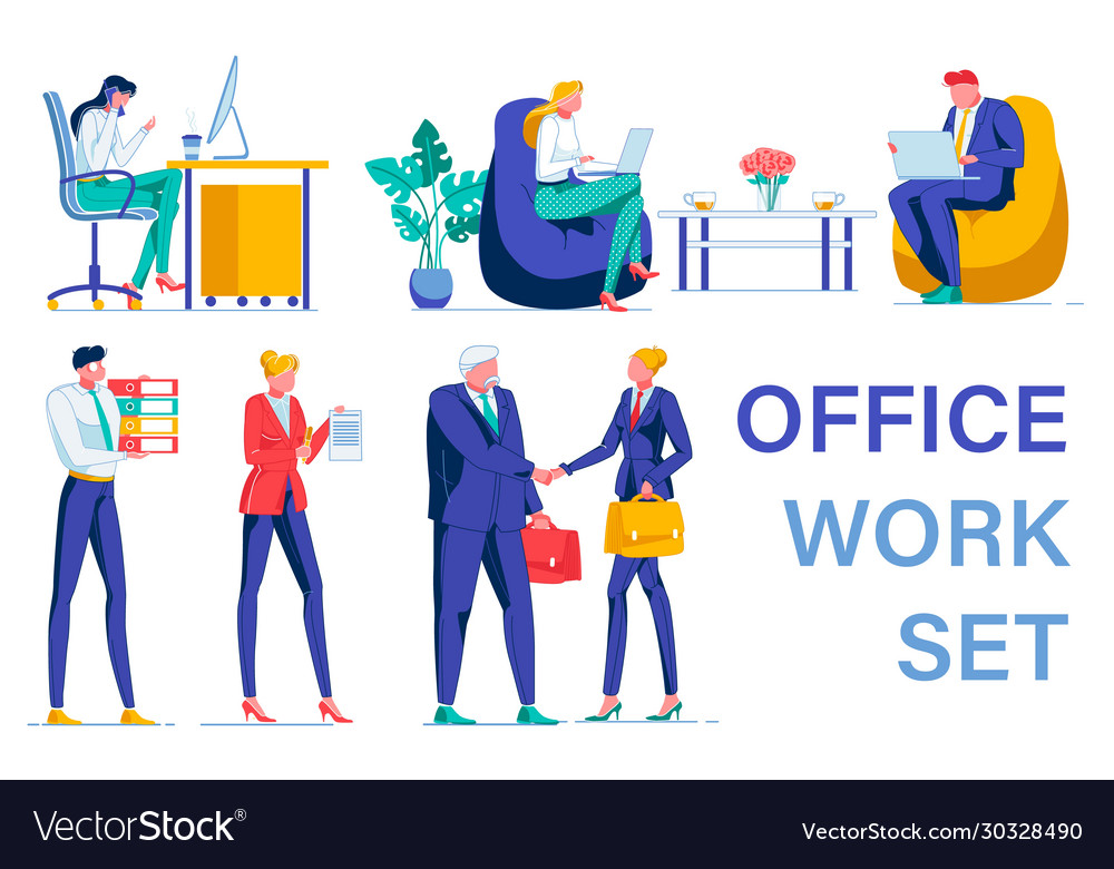 Office work set with business people busy at desk Vector Image