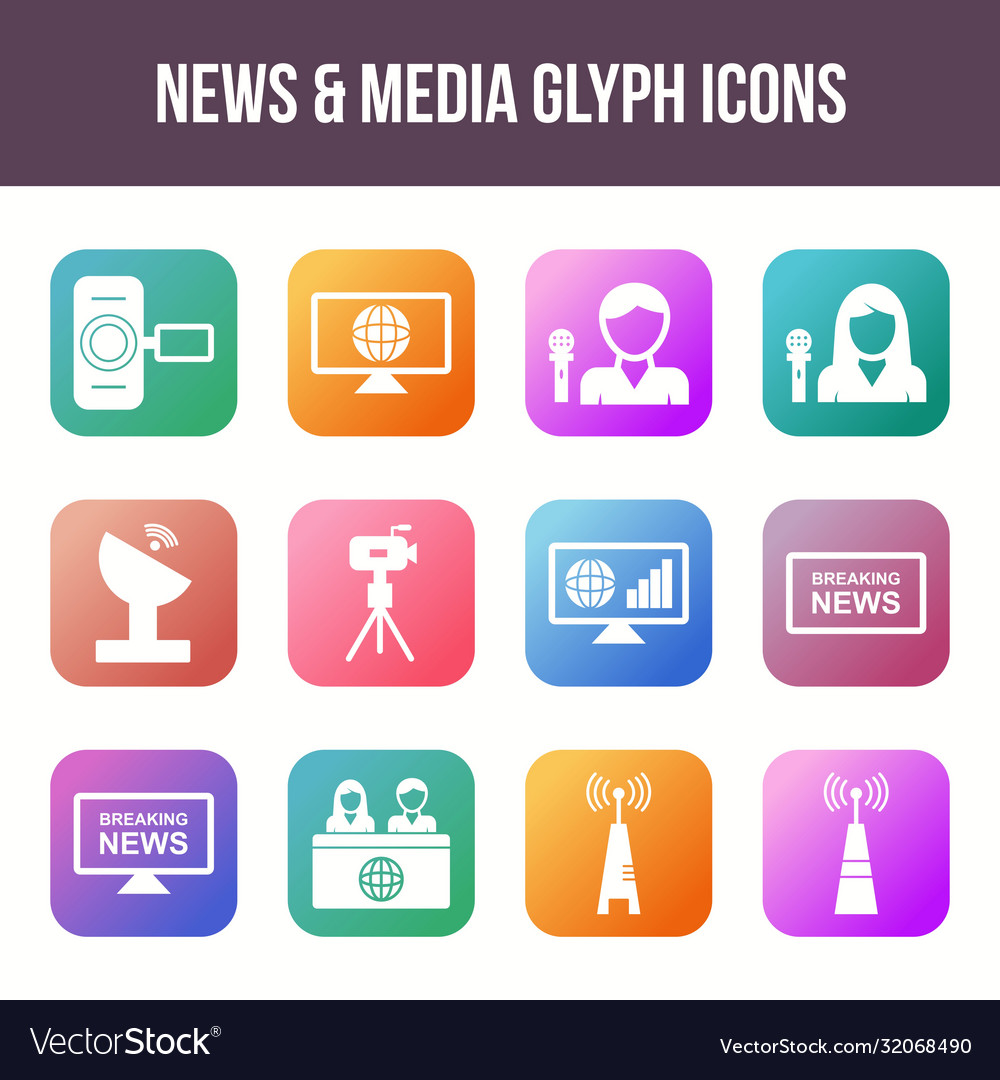 Einzigartige News-Medien-Glyphen-Icon-Set