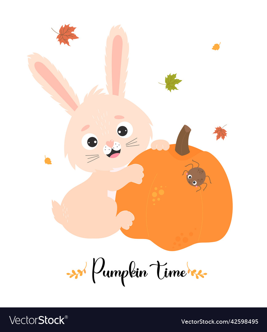 Autumn card with cute rabbit with pumpkin spider Vector Image