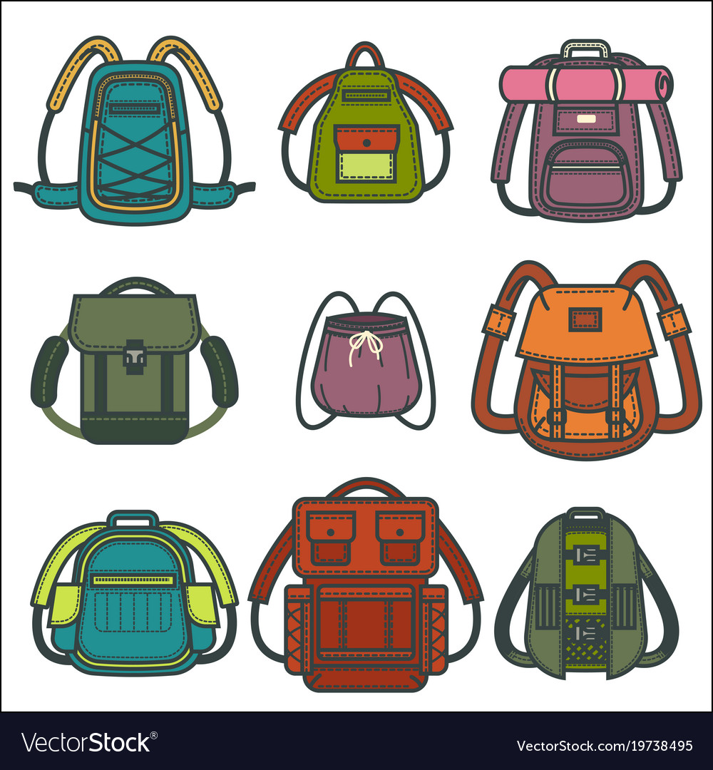 Backpacks or rucksack isolated icons Royalty Free Vector