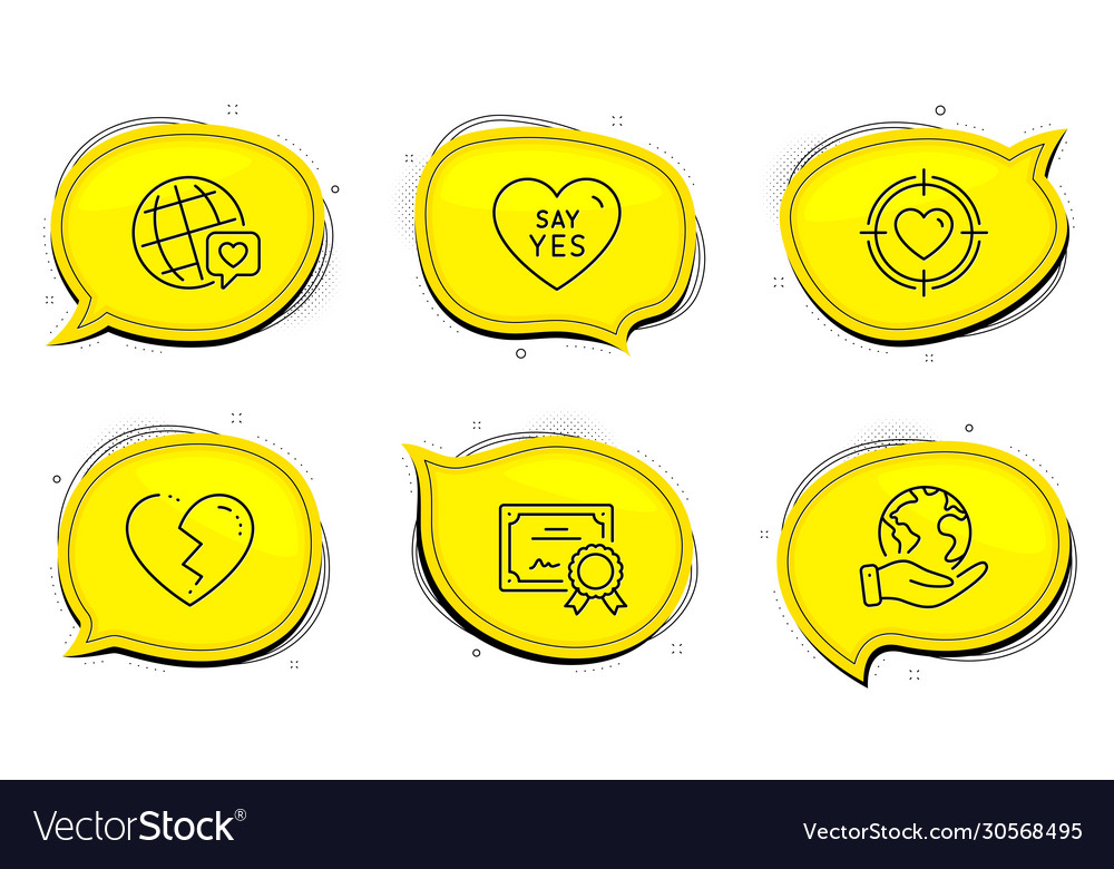 Broken heart say yes and world brand icons set Vector Image