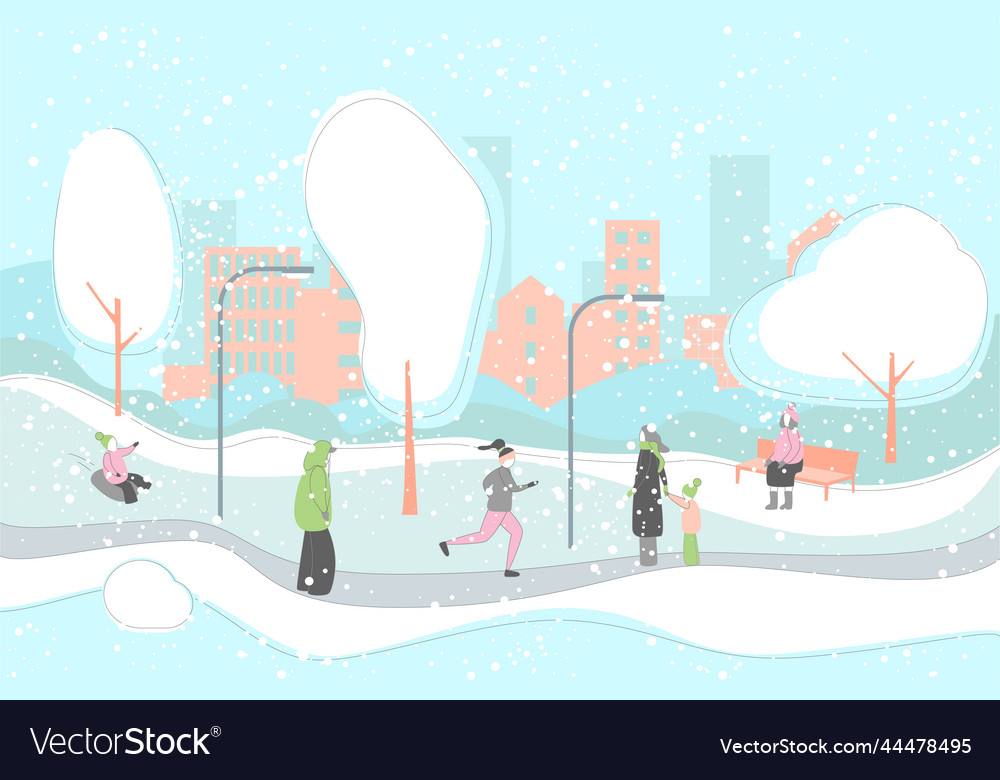 Cartoon color winter season park landscape scene vector image Cartoon color winter season park landscape scene
