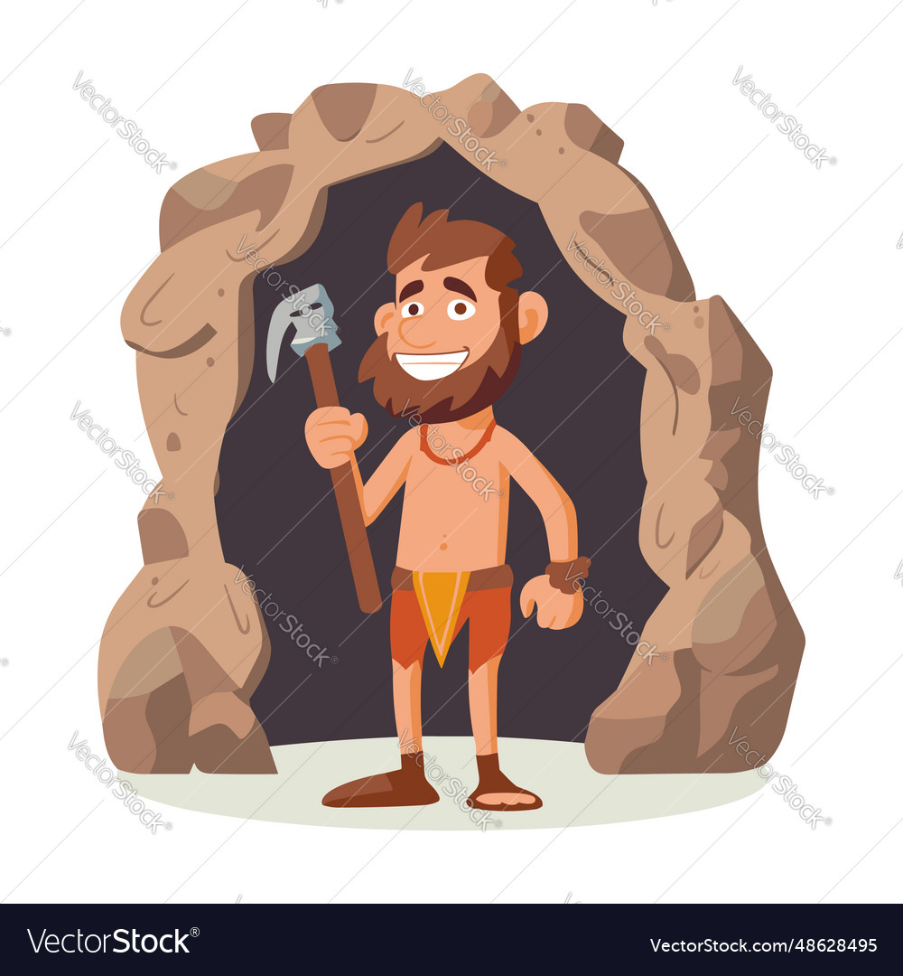 Caveman with tool or weapon in the cave cartoon Vector Image
