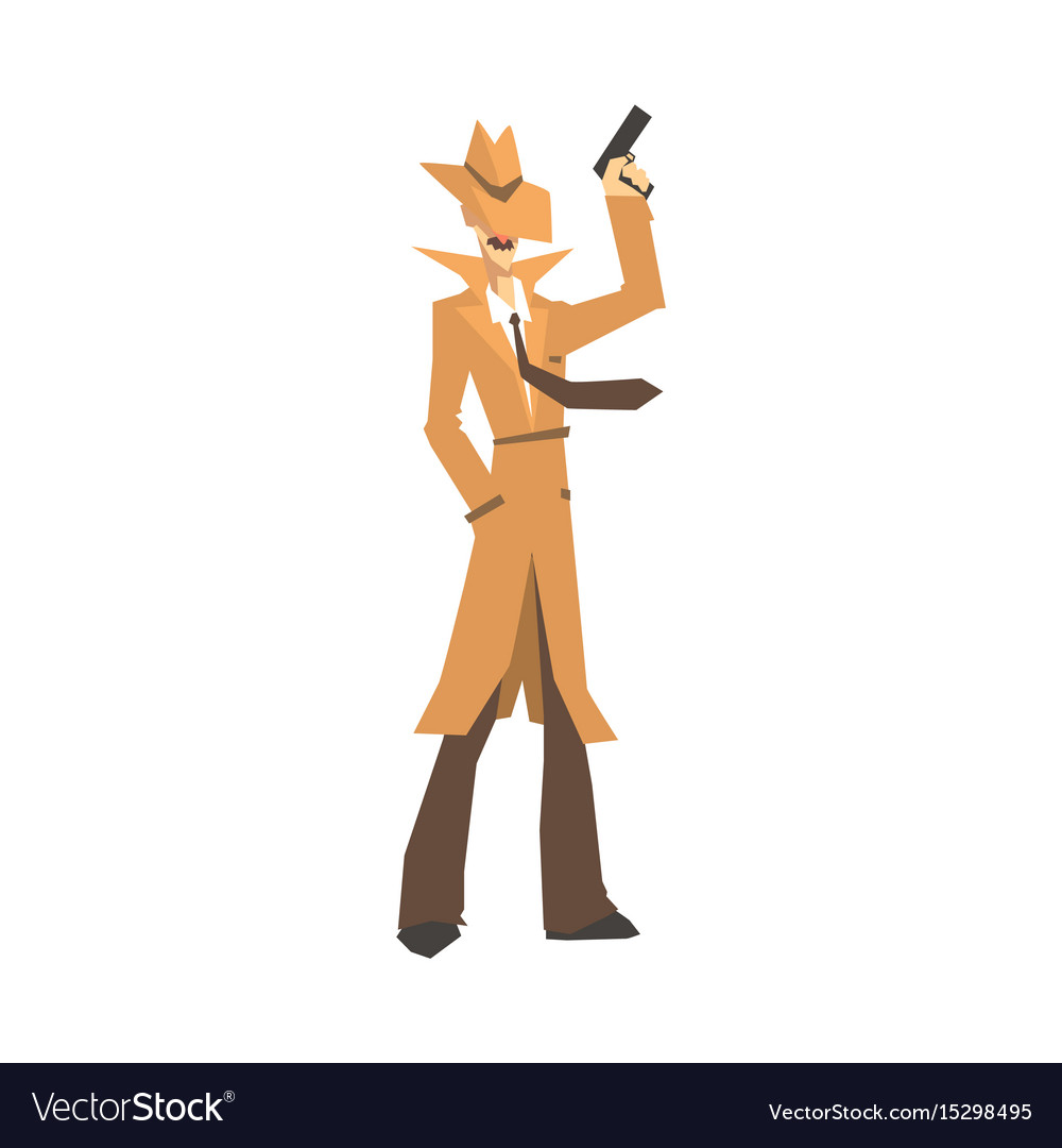 Detective character in brown coat standing and Vector Image