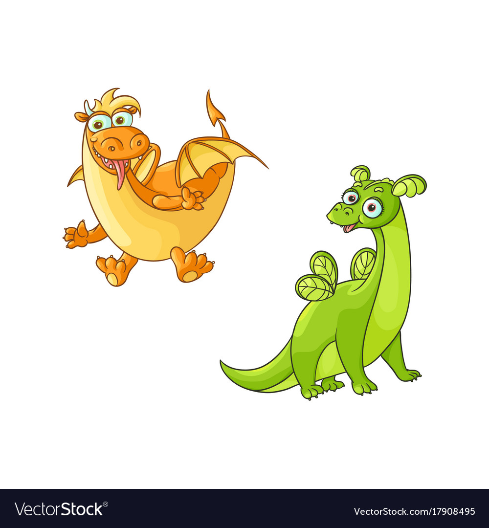 Flat cartoon dragons with horns wings set