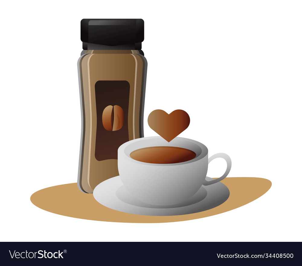 Delicious coffee in ceramic cup and product bottle