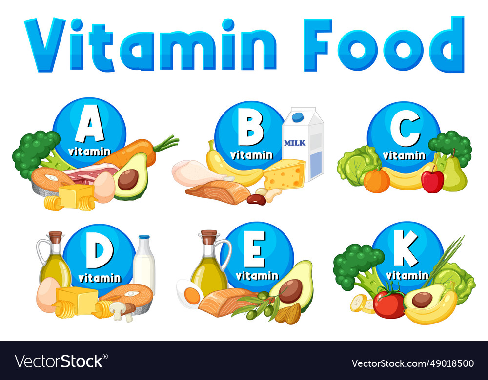 Educational group of vitamin icons and food Vector Image