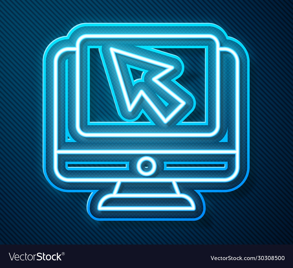 Glowing neon line computer monitor and cursor icon vector image Glowing neon line computer monitor and cursor icon