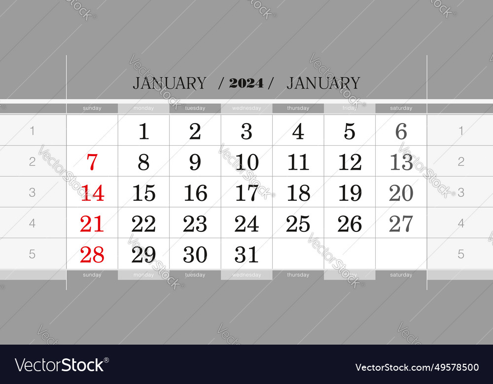 January 2024 quarterly calendar block wall Vector Image